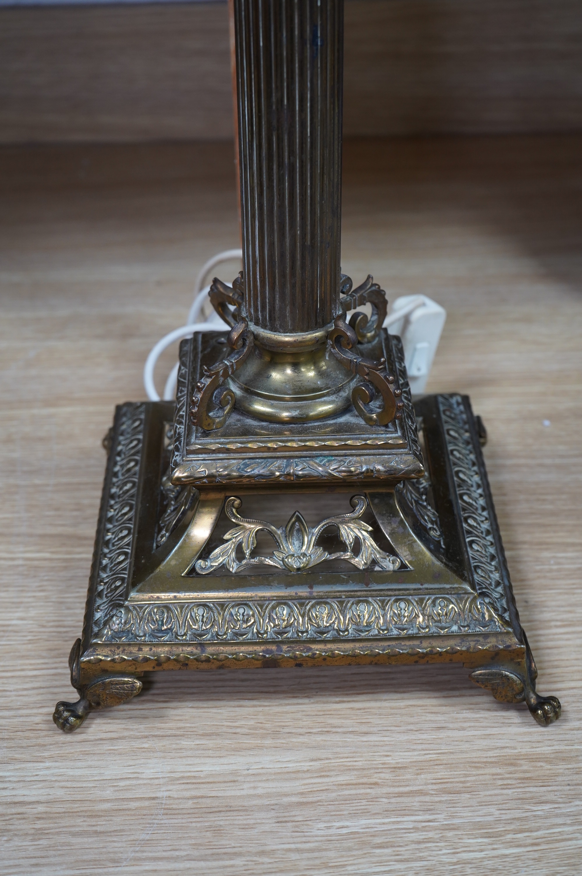 A brass Corinthian column table lamp, on pierced base, 54cm. Condition - fair to good